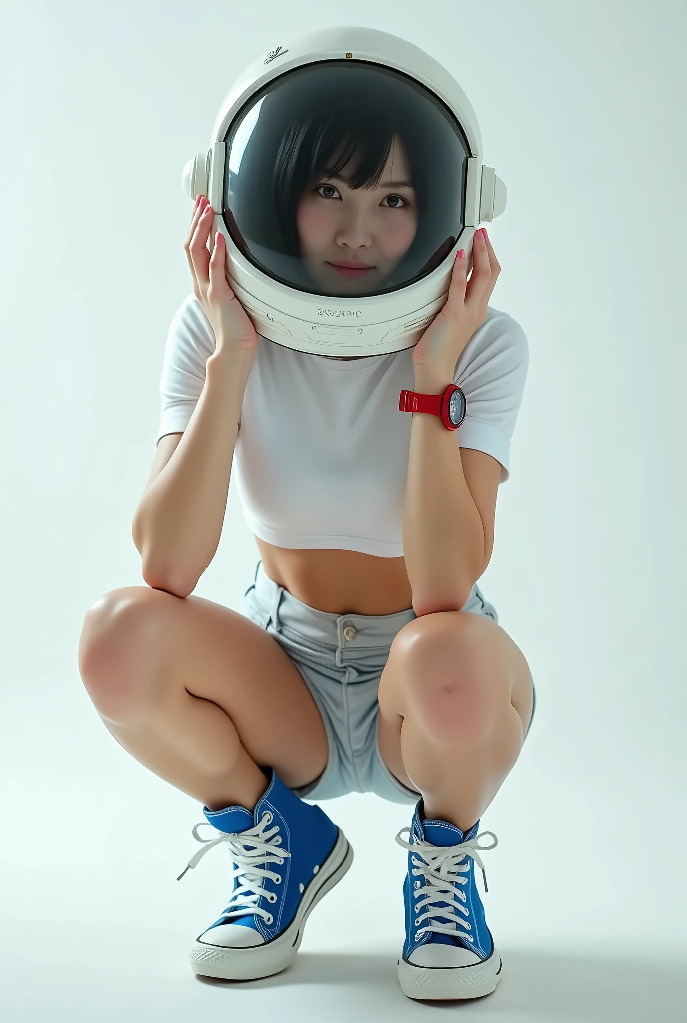 (smile)、(((Staring at the audience)))、((Spaceman in space suit sitting in spaceship cockpit)),wear spacesuits, Dressed in an astronaut costume, Cute girl in a tank top, girl in space, In space, (((Dressed in an astronaut costume))), woman astronaut, ((Sitting on a chair with legs spread))、((Sexy young woman's body:1.4))、Open and stretch your legs、