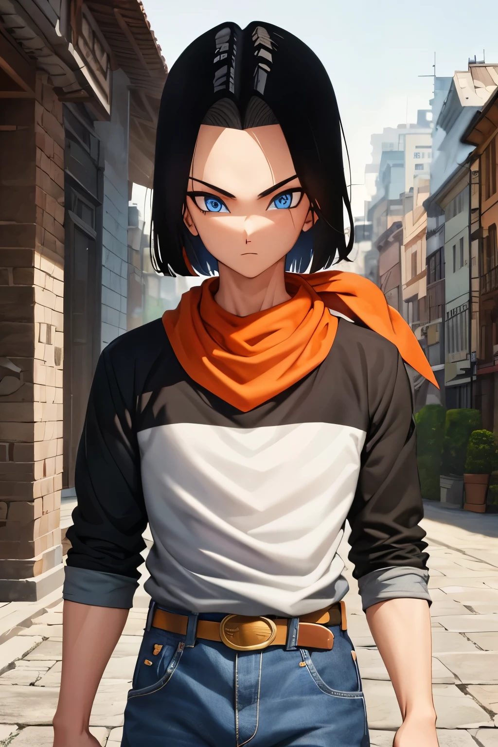 A masterpiece, best quality, detailed and expressive eyes, perfect facial features, high resolution, 1 boy, alone, android **-inspired boy, (male body:1.3), blue eyes, black hair, parted hair, short hair, black shirt, jeans, layered shirt, white sleeves, orange bandana, brown belt, red freckles, outdoor, landscape, standing, portrait, looking at viewer,Upper body up