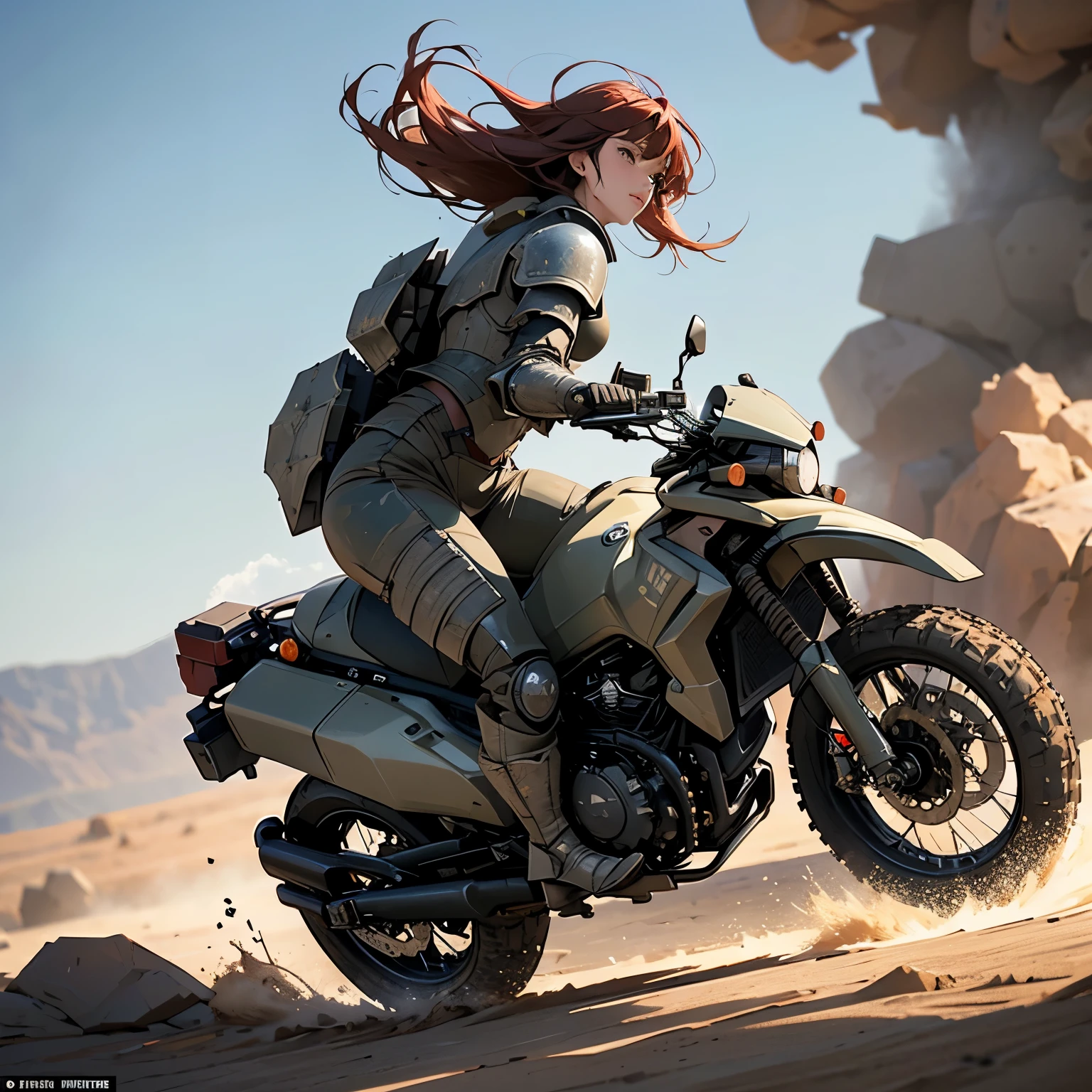 masterpiece, best quality, ultra-detailed, illustration, ranger, motorbike, motorcycle,  traveler, dirtbike, roughneck, girl, solo, muscle, tone, robot legs, (goggles on head), wilderness, future, cyberpunk, forest, nowhere, hiking, alien planet, nuclear, wasteland, fallout, Chernobyl, sexy, rain, rocks, dirt, mud, sand, sun, heat, extreme, elements, rough and tumble, rope, tow, stuck, hitchiking, desert, highway, dirt road, survivalist, beautiful girl, squid, no jacket, crop top, bikini, tank top, auburn hair, detailed landscape, riding pants, candid, full body, detailed face,