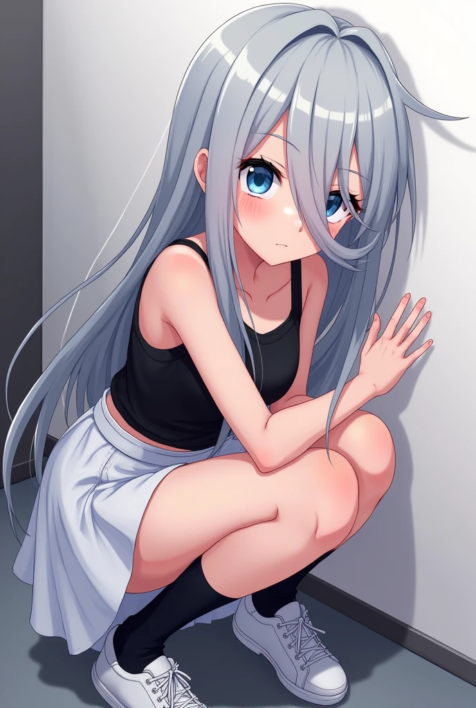 Seiun Sky, ((eye's impressionism)), Sweaty、(long hair)、((Baggy black tank top、Embarrassed,short short shorts)),((hair over one eye)),(Black knee socks)、(Black pants)