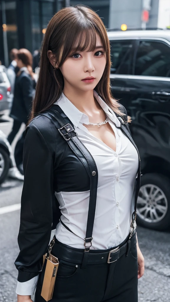 a woman in a suit, belt, hands behind back, sweating, suspenders, black pants, large breasts, see-through clothing, rain, detective, office worker, white button-up shirt, (best quality,4K,8k,highres,masterpiece:1.2),ultra-detailed,(realistic,photorealistic,photo-realistic:1.37),hyper-detailed,highly detailed face and body, Slender　thin　suspenders　Moderate breasts　See-through shirt　Nipples　holster　chain　Pistol　Armament　criminal　Female criminal　knife 　 Hands Behind Back　Constraints 程よい胸 黒いマスク
