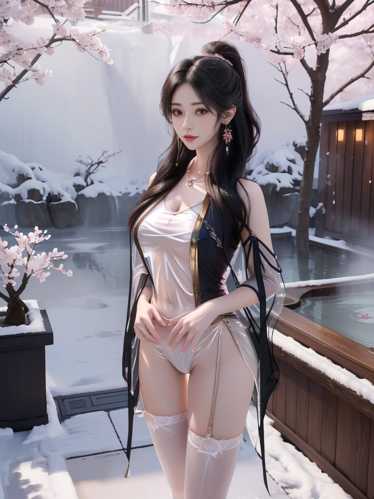 一个有着美丽脸庞的Sexy中国华裔女孩, Wear a transparent men&#39;s shirt, 内搭Sexy蕾丝内衣,
(((night, Cherry blossoms in spring, Indoor hot spring, snow, Cherry blossoms all over the ground))), 
((8K Ultra HD, 8K, Ultra-high resolution, Best quality, Super Fine, Clear focus. Masterpieces, complete pattern, Ultra HD, Detailed photos, Best image quality，Ultra-clear，Delicate facial features，Well-defined, Highly rated works, Close-up depth of field photography, Above the knee)), 
((Creating the image of a real girl), Realistic shadows, Soft lighting, Dynamic Angle, Dynamic poses, Elegant Posture, Cowboy lens, Full body front view, Be confident, Facing the camera, Eyes looking towards camera lens, Standing posture, Open your legs slightly, Golden Ratio Graphics, Minimalism, Center the character), 
( Smile, Sexy的, Balanced Eyes, Realistic eyes, Beautiful details of the eyes,Pretty Face, (Realistic face), Normal facial features, Realistic skin, Pay attention to skin details, Skin is clean and radiant, Whitening, Anatomically correct body, Golden ratio figure, Sexy的身材), 
(Perfect makeup, Gloves, earrings, bracelet, necklace, Jewelry, Hair accessories, shawl, sock, Knee socks, 吊garter, Leg ring, garter, 腿部garter), 
((beautiful hair), Dark black hair, Wavy curly hairstyle, Waist-length hair, Messy Hairstyle, Gradient hairstyles, Cyberpunk Hairstyle, High double ponytail hairstyle), 
((Transparent clothes: 1.5), (Revealing clothes: 1.5),  (Wet clothes:1.0), (Color of clothes: Dreamy pink), Wearing transparent clothing), 
(Sexy的, Perfect breast shape, Teardrop chest shape, Snow-white breasts, Very detailed breasts, 36B cups), 
(Super high waist, Deep V, Low-cut, Sexy, Flattering, Open crotch, (Camel toe, High fork strangulation))