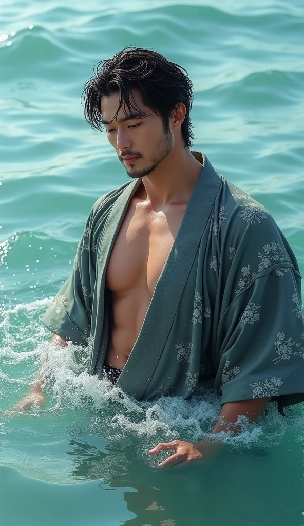 hidetoshi nishijima, RAW photo, (highly detailed skin: 1.2), 8k uhd, dslr, soft lighting, high quality, film grain, barefoot, wet, biceps, posing, high quality, dynamic angle, masterpiece, chest, oily, dirty, sweat, dark skin, muscular