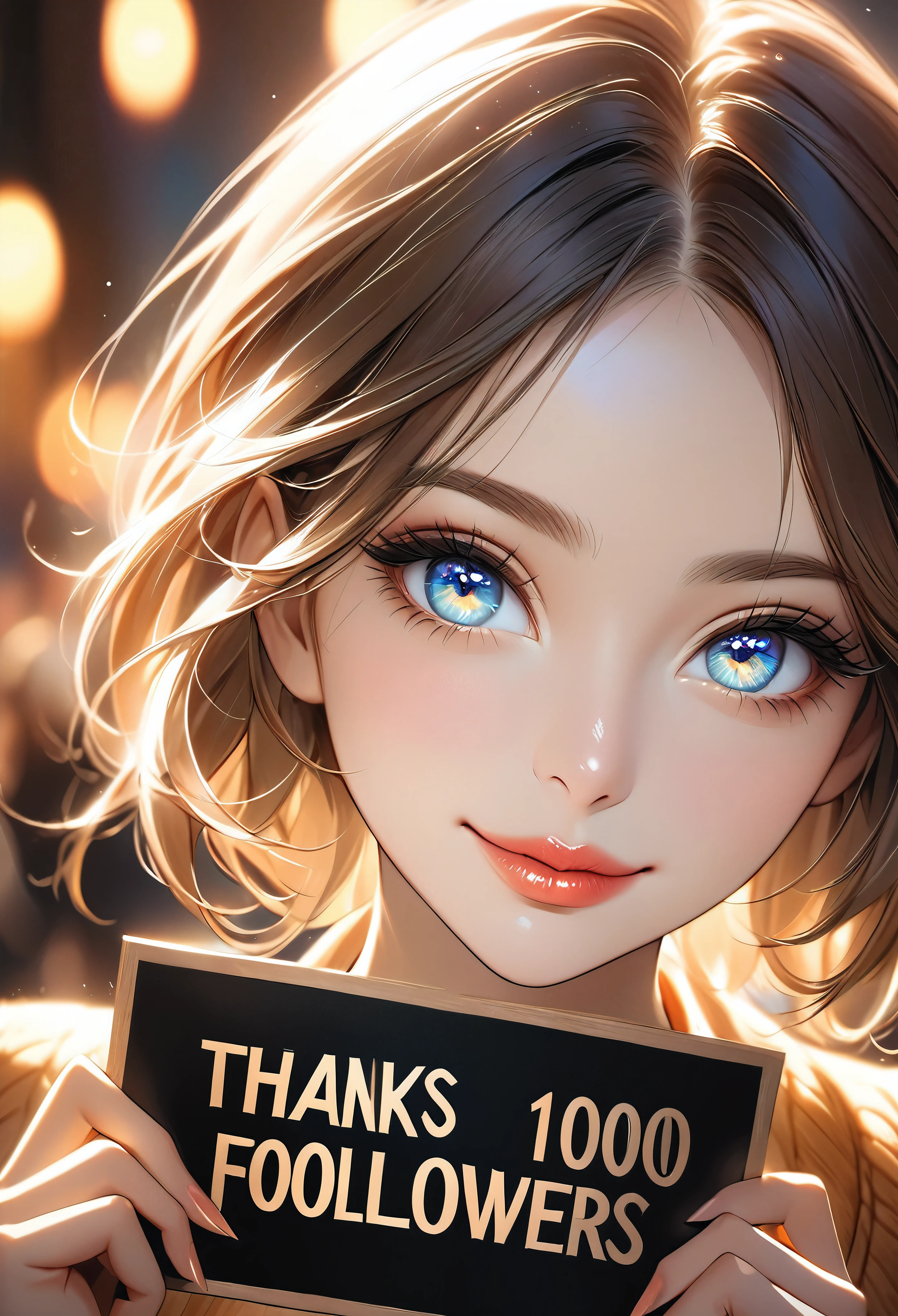 a woman with beautiful detailed eyes, beautiful detailed lips, extremely detailed eyes and face, long eyelashes, holding a sign that says "Thanks over the 1000 followers", centered composition, 8k, high quality, photorealistic, professional photography, warm lighting, natural colors, shallow depth of field, slightly smiling, looking directly at the camera