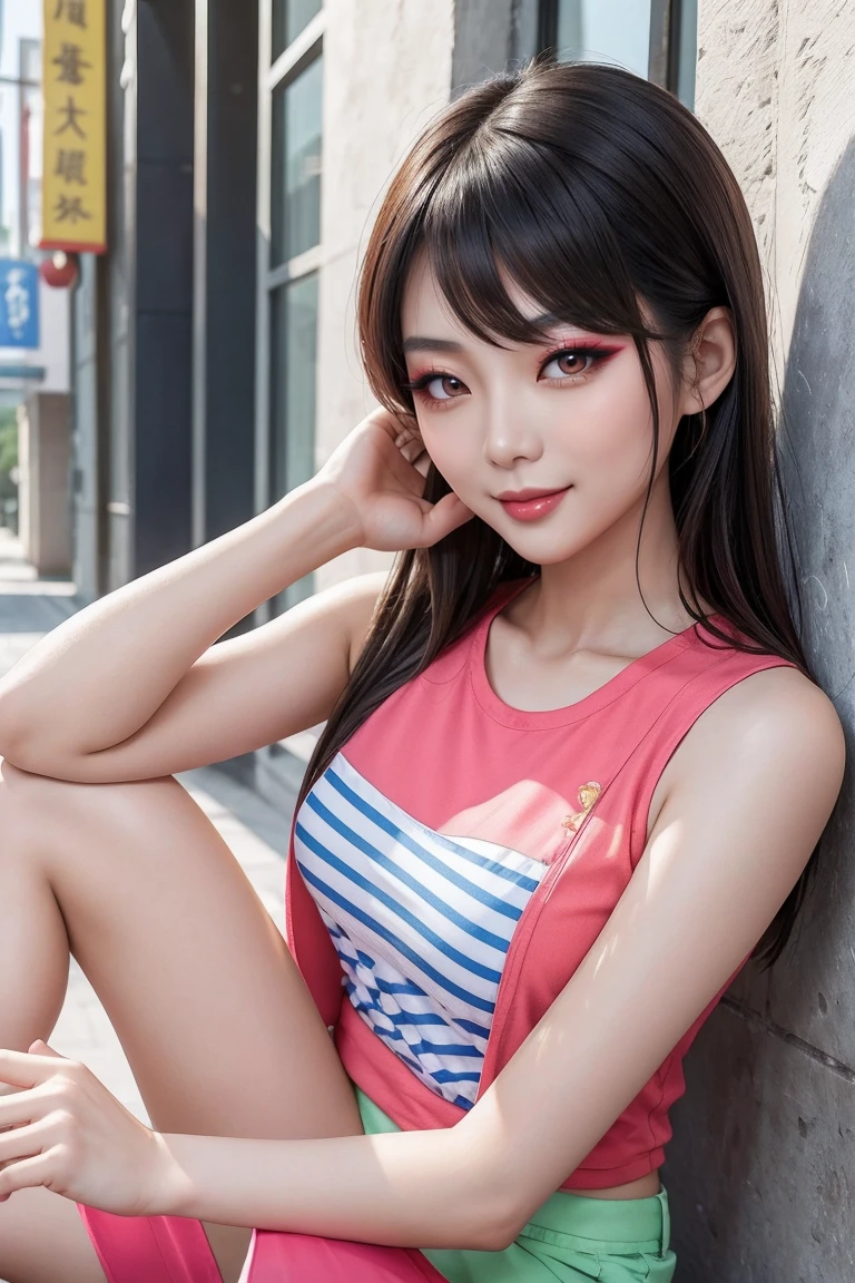 photo of Meowko, RAW, beautiful woman, ((portrait)), ((detailed face:1.2)), ((detailed facial feature, detailed skin, glossy lips, shiny luscious lips, clear skin), (long candy red hair, straight hair, bangs, Candy fuchsia hair, bright pink hair: 1.55), (slender body, narrow waist, narrow hips, skinny body, huge breasts), revealing clothes, (wearing a fitted, white, and sleeveless shirt , The shirt features a V-neckline and intricate beadwork, sequins, and rhinestones, slim-fitting, high-waisted pants in a matching holographic white material, The pants are accentuated with subtle, blue and silver accents, including large bows ,((a white string is tied in his hair:1)) , wristbands, ((crop top)), action shot, (cyberpunk city rooftop: 1.15), (realistic photo, best quality, detailed), (8k wallpaper), (cinematic lighting, beautiful light, (day:1.3)) (sharp focus, intricate)