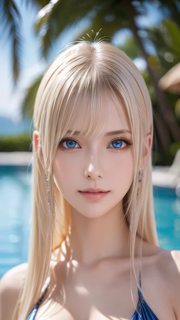 Platinum Blonde Silky Hair、masterpiece、Best Quality、High resolution、Highly detailed photos、Professional Lighting、(((Tops)))、Bangs between the eyes、Hair above the eyes、片Hair above the eyes、Mid-face hair、Strike a Pose、Portraiture、Bright expression、like々White, radiant skin、Great looks、Blonde reflection、Platinum blonde hair with dazzling highlights、Bright and shiny hair,、Long Straight Hair、Beautiful sparkling bangs、Sparkling、Clear、Attractive big blue eyes、so beautiful, Lovely and cute girl、Bust of a Rich Man、(Busty women in bikinis)、Tropical resort hotel poolside、Palm tree landscape