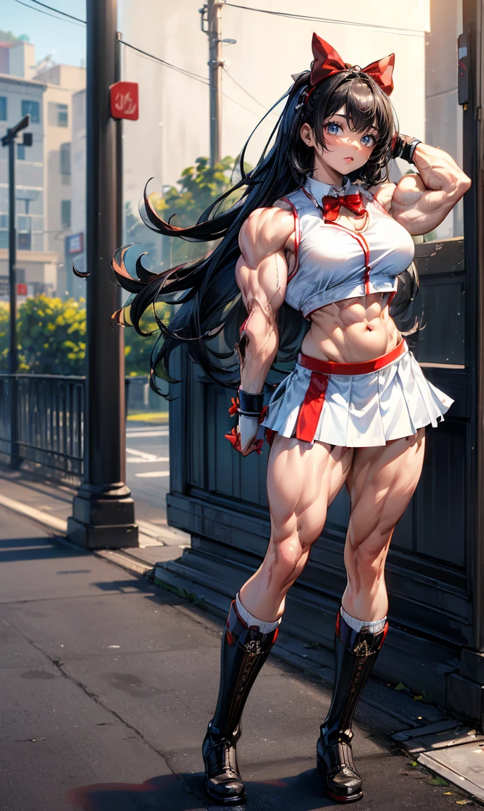 (muscular:1.8), (thick thighs:1.8),
tifa lockhart, (big smile:1.6), (long black hair), red eyes,
eyeshadow, red lips,
(small breasts:2),
(choker, tanktop, midriff, fingerless gloves:1.4), (suspenders:1.3), (black pleated skirt:1.5),
looking at viewer, (three quarter view:1.3), cropped knees, (sexy pose:1.3),
(in the city), rim lighting, two tone lighting, dim lighting, bokeh, detailed skin, detailed eyes