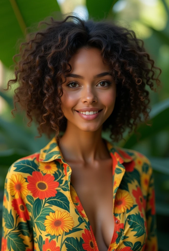 A curly Brazilian woman, honey-colored white eyes in a lush tropical garden, wearing an open shirt with a floral print, with a close-up capturing the harmonious beauty between her breasts and the natural flowers, showing off your natural charm and outgoing personality.