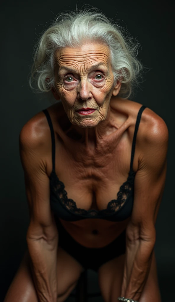 Elderly woman extending her arm. The old woman has bright eyes with a very bright glow. Horror night scene.