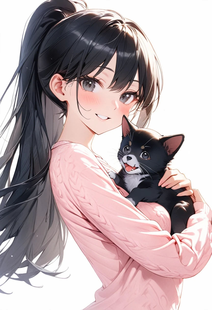 Mujer ,((long hair slightly wavy slightly past the shoulders, black bangs, small black pigtails on the sides, cute cat ears, beautiful thin red eyes,)), sosteniendo un ((perro blanco en sus brazos))., little white dog at his side, mujer anime, hermosa joven enoshima Junko mujer, Precioso cachorro de mujer rubia joven, pomeranio, young asian woman, asian woman, perro mono, Pelaje blanco y esponjoso, japanese dog, asian woman, mascota, asian woman, happy facial expression