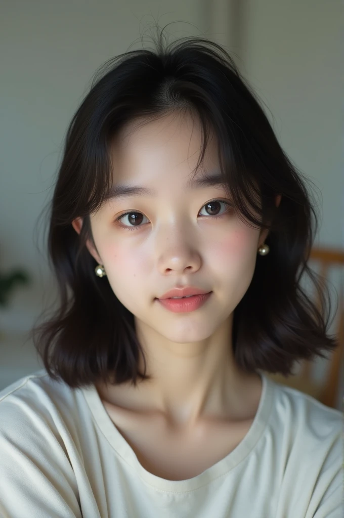 incredibly absurd, beautiful and cute 20-year-old Korean girl with a photorealistic face, showcasing top-quality craftsmanship. Her slender frame adorned with short, messy hair. The artwork high-resolution, allowing for ultra-detailed features to be captured flawlessly. The girl depicted naked. The focus lies on the realistic pupils, showcasing depth and emotion. ((breasts out)) cute smile.