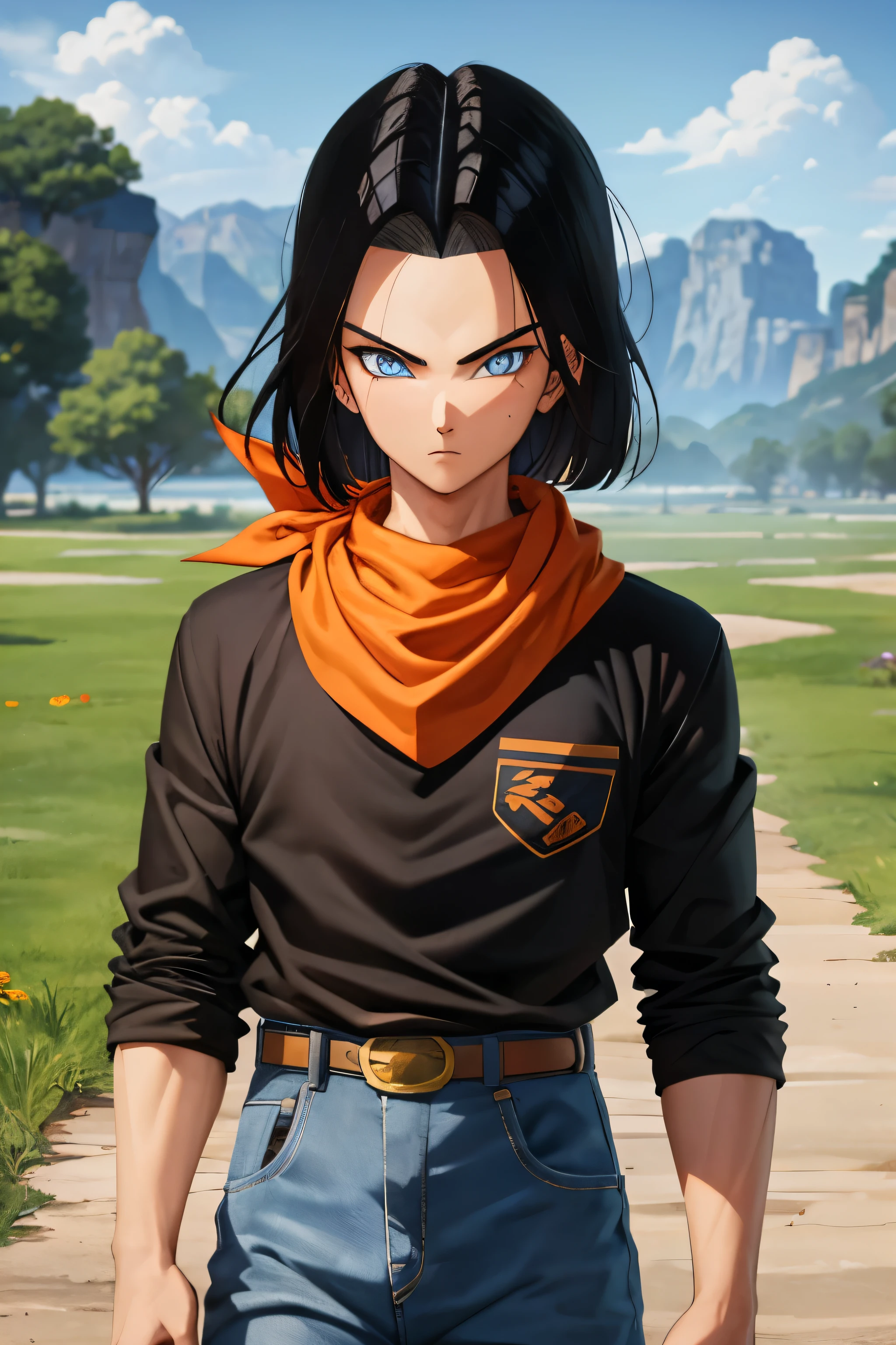 A masterpiece, best quality, detailed and expressive eyes, perfect facial features, high resolution, 1 boy, alone, android 17-inspired boy, (male body:1.3), blue eyes, black hair, parted hair, short hair, black shirt, jeans, layered shirt, white sleeves, orange bandana, brown belt, red freckles, outdoor, landscape, standing, portrait, looking at viewer,Upper body up