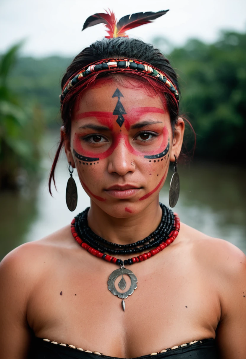 Portrait of a close-up face of a sad beautiful Native Amazonian Woman in pose, thick fleshy figure, heavy physique, curvy, with the Amazon River behind her, red face paint across her eyes, large trible bead necklace covering the chest, kind_smile, headdresses, trible skirt, tribal tattoos, zavy-cnmtc, looking at viewer, atmospheric haze, cinematic still, dynamic lighting, movie screencap, moody, film.