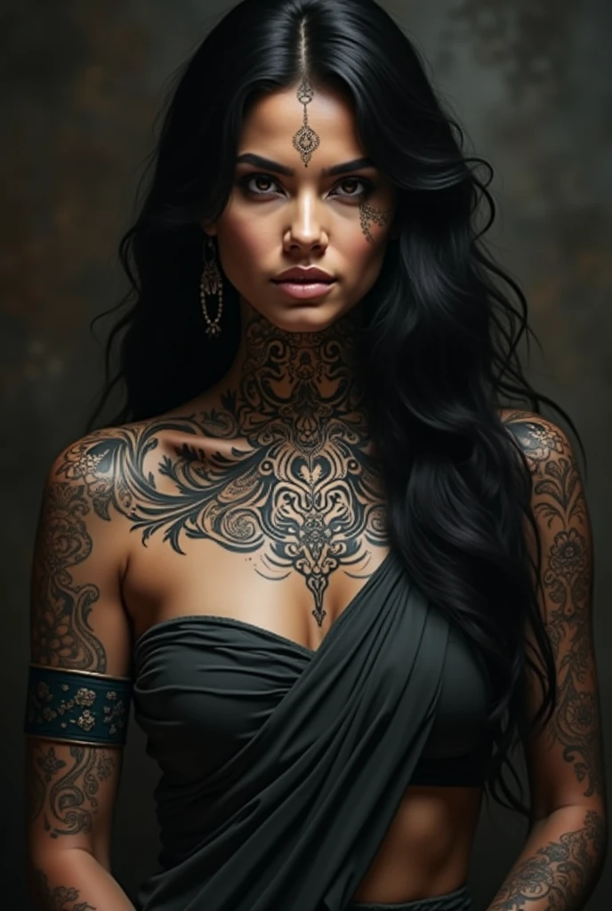 NSFW, skinny  girl, tribal tattoo on her left breast, tribal tattoo sleeve on her left arm, tribal tattoo on her left neck, tribal tattoo on left side of her abdomen, pitite, for honor shaman 