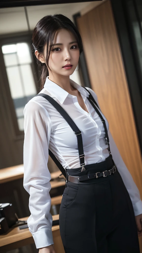 a woman in a suit, belt, hands behind back, sweating, suspenders, black pants, large breasts, see-through clothing, rain, detective, office worker, white button-up shirt, (best quality,4K,8k,highres,masterpiece:1.2),ultra-detailed,(realistic,photorealistic,photo-realistic:1.37),hyper-detailed,highly detailed face and body, Slender　thin　suspenders　Moderate breasts　See-through shirt　Nipples　holster　chain　Pistol　Armament　criminal　Female criminal　knife 　 Hands Behind Back　Constraints 程よい胸 黒いマスク
