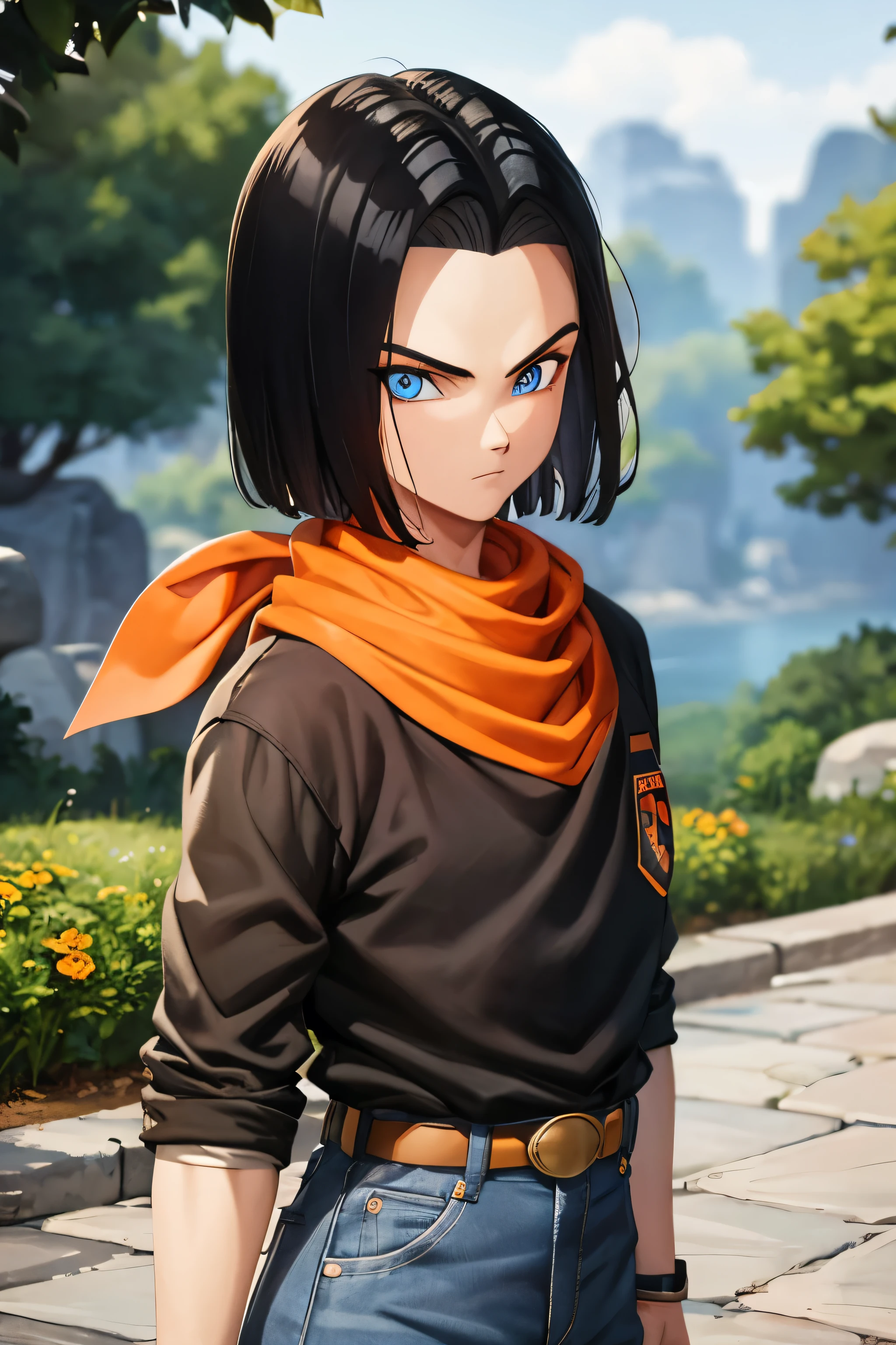 A masterpiece, best quality, detailed and expressive eyes, perfect facial features, high resolution, 1 boy, alone, android -inspired boy, (male body:1.3), blue eyes, black hair, parted hair, short hair, black shirt, jeans, layered shirt, white sleeves, orange bandana, brown belt, red freckles, outdoor, landscape, standing, portrait, looking at viewer,Upper body up