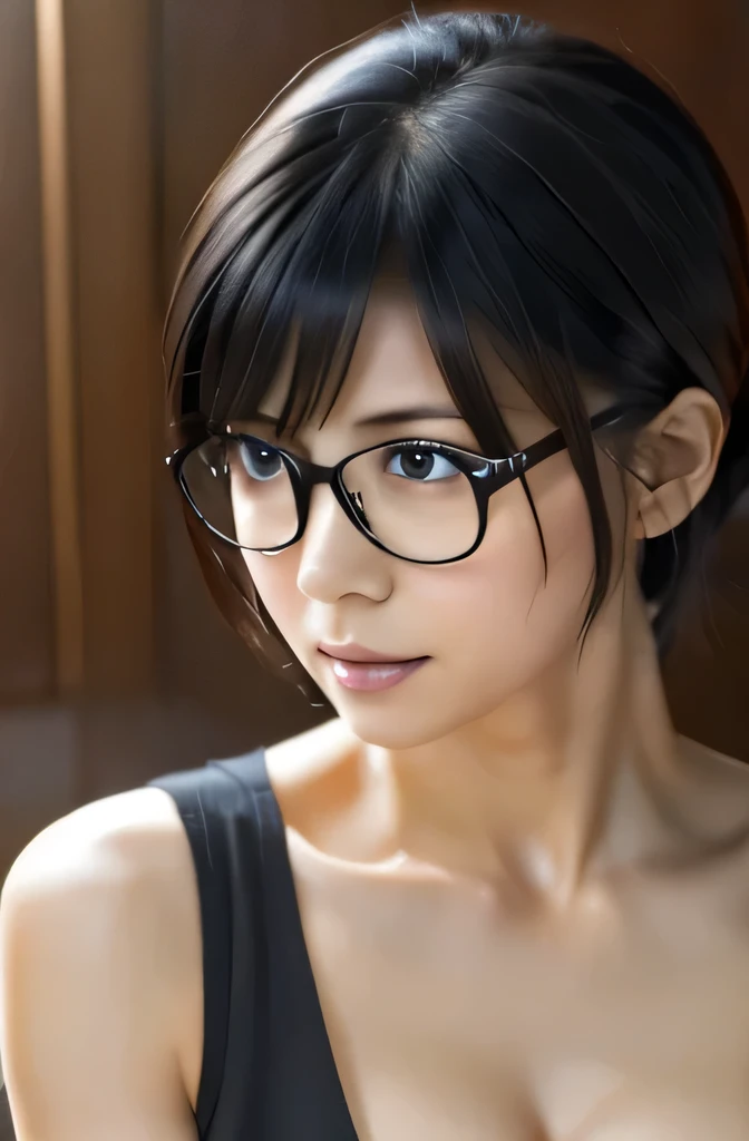 a close up of a woman with black hair wearing glasses, realistic anime 3 d style, 3 d anime realistic, photorealistic anime girl render, realistic anime artstyle, anime realism style, realistic young anime girl, realistic anime art style, photorealistic anime, hyper realistic anime, smooth anime cg art, anime styled 3d, semirealistic anime style, realistic anime,Big Breasts,