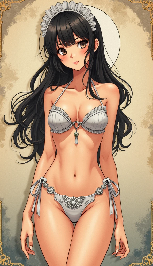 b0ahanc, 1girl, black hair, earrings, long hair,black eyes,((areola slip)), ((Areola)),((nipple)), long hair, looking at viewer, ((medium breasts)), navel, o-ring, Standing, (White Seethrough swimsuit:1.3), ((focus on pussy))