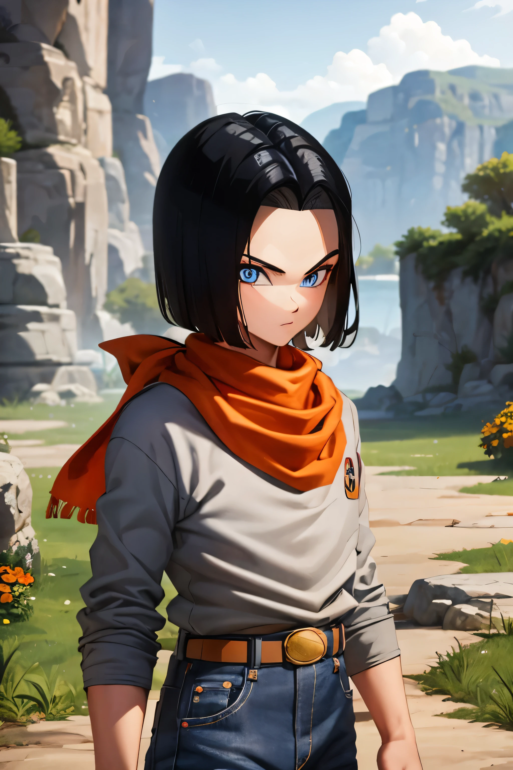 A masterpiece, best quality, detailed and expressive eyes, perfect facial features, high resolution, 1 boy, alone, android 17-inspired boy, (male body:1.3), blue eyes, black hair, parted hair, short hair, black shirt, jeans, layered shirt, white sleeves, orange bandana, brown belt, red freckles, outdoor, landscape, standing, portrait, looking at viewer,Upper body up