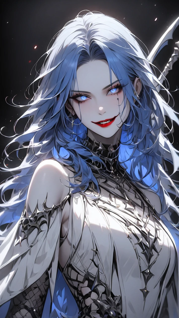 Highest quality、masterpiece、1 girl、Black background、Blue Hair:1.5、blue eyes、Red lips, White clothes、A world in black and white、A world in black and white、Pale skin、Side Blade, Evil smile White hair, Grey Hair, Silver Hair, Red eyes,