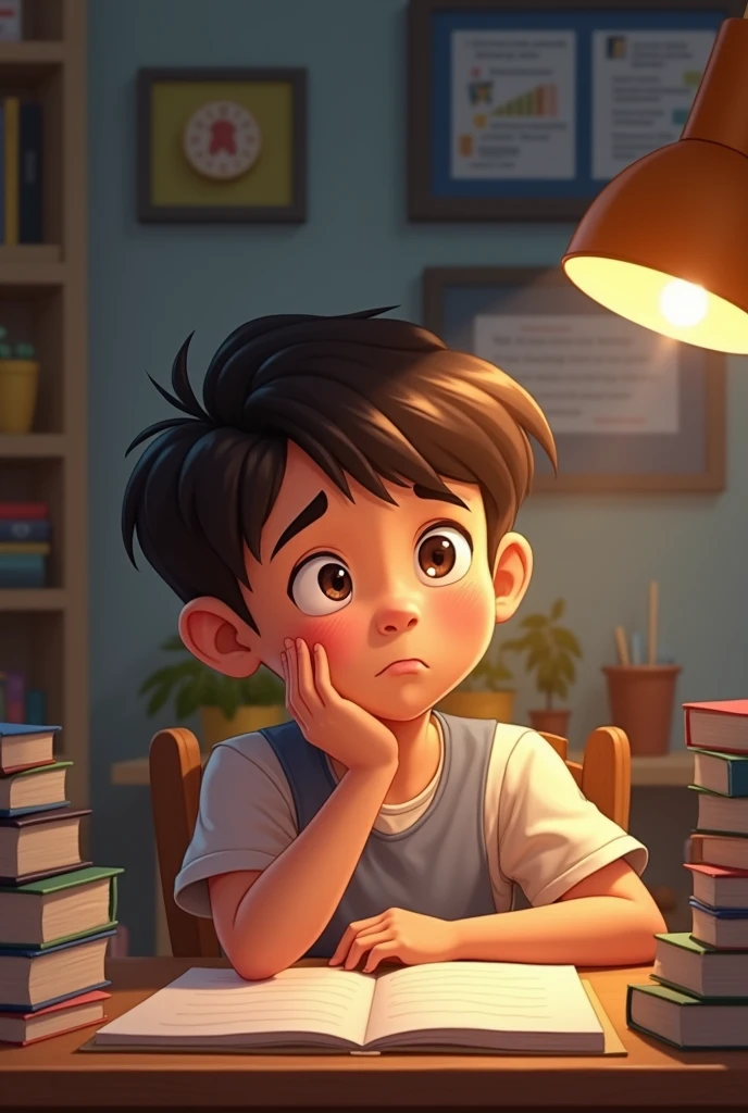 Child with doubts sitting in front of a table with a study notebook, in 3d