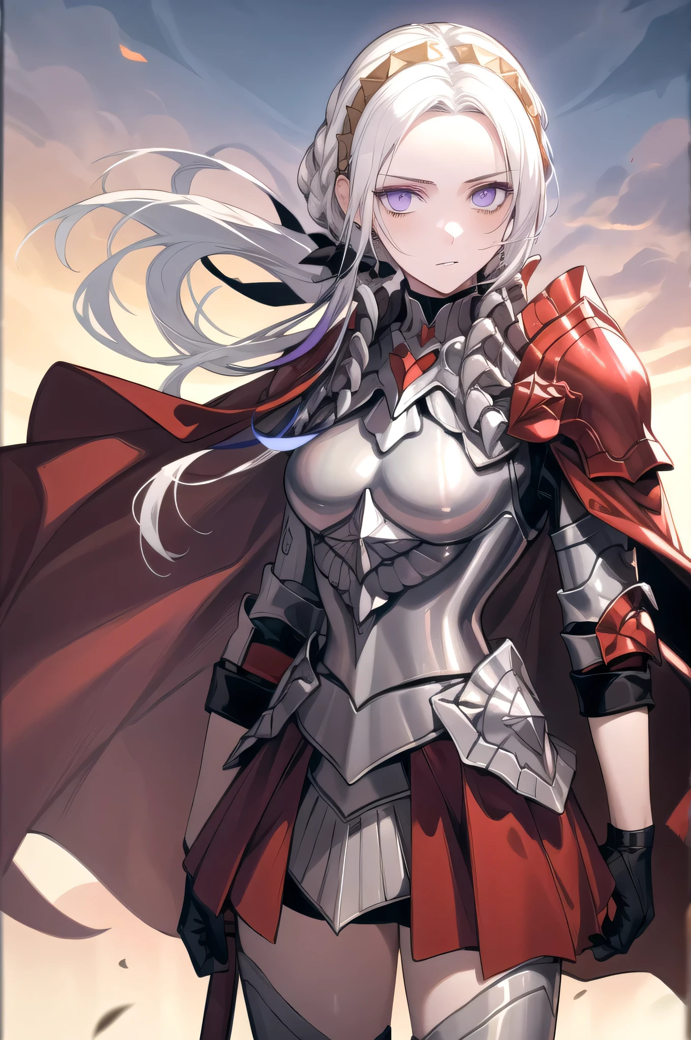 (masterpiece:1.2), best quality, high resolution, unity 8k wallpaper, (illustration), extremely detailed face, perfect lighting, extremely detailed CG, 1girl, solo, purple eyes, white hair, long hair, hair ornament, ribbon, red cape, armor, standing, cowboy shot, looking at viewer, expressionless, simple background