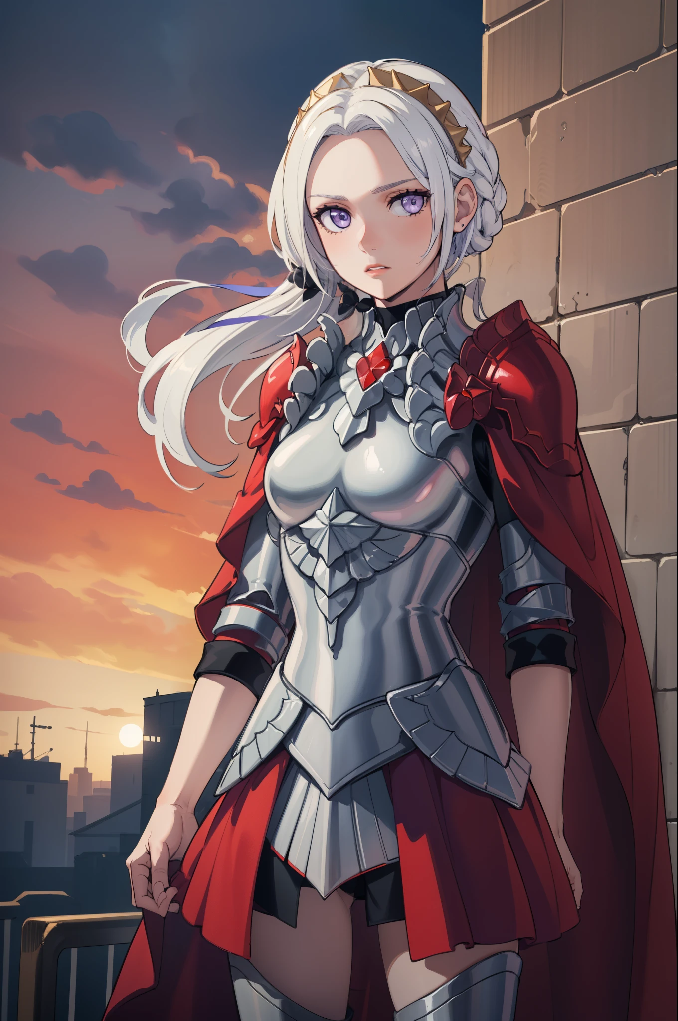 (masterpiece:1.2), best quality, high resolution, unity 8k wallpaper, (illustration), extremely detailed face, perfect lighting, extremely detailed CG, 1girl, solo, purple eyes, white hair, long hair, hair ornament, ribbon, red cape, armor, standing, cowboy shot, looking at viewer, expressionless, simple background