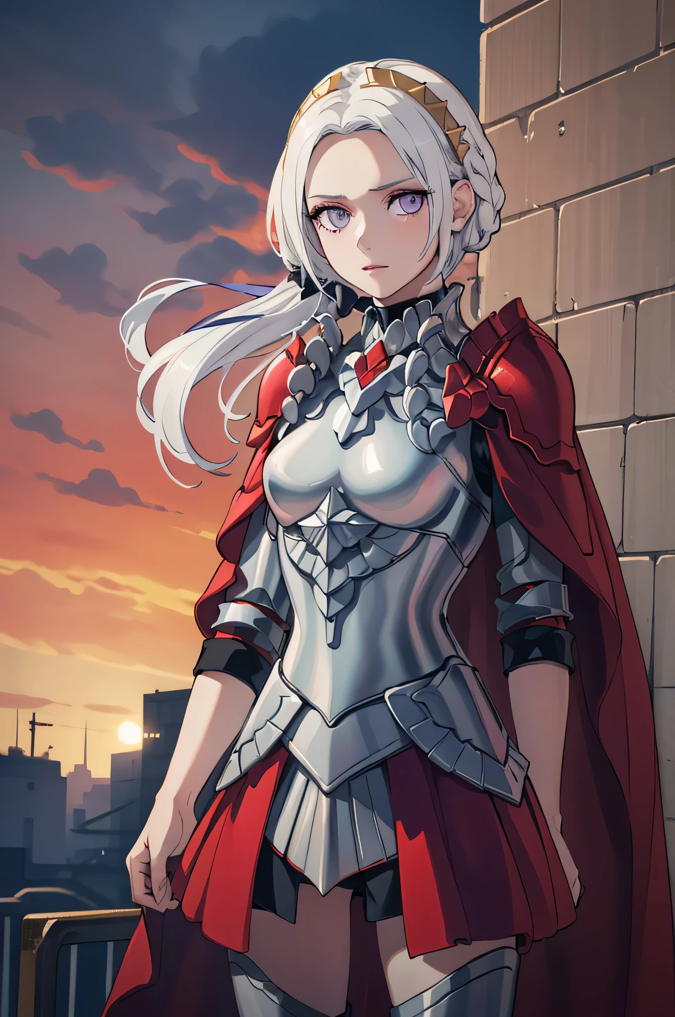 (masterpiece:1.2), best quality, high resolution, unity 8k wallpaper, (illustration), extremely detailed face, perfect lighting, extremely detailed CG, 1girl, solo, purple eyes, white hair, long hair, hair ornament, ribbon, red cape, armor, standing, cowboy shot, looking at viewer, expressionless, simple background