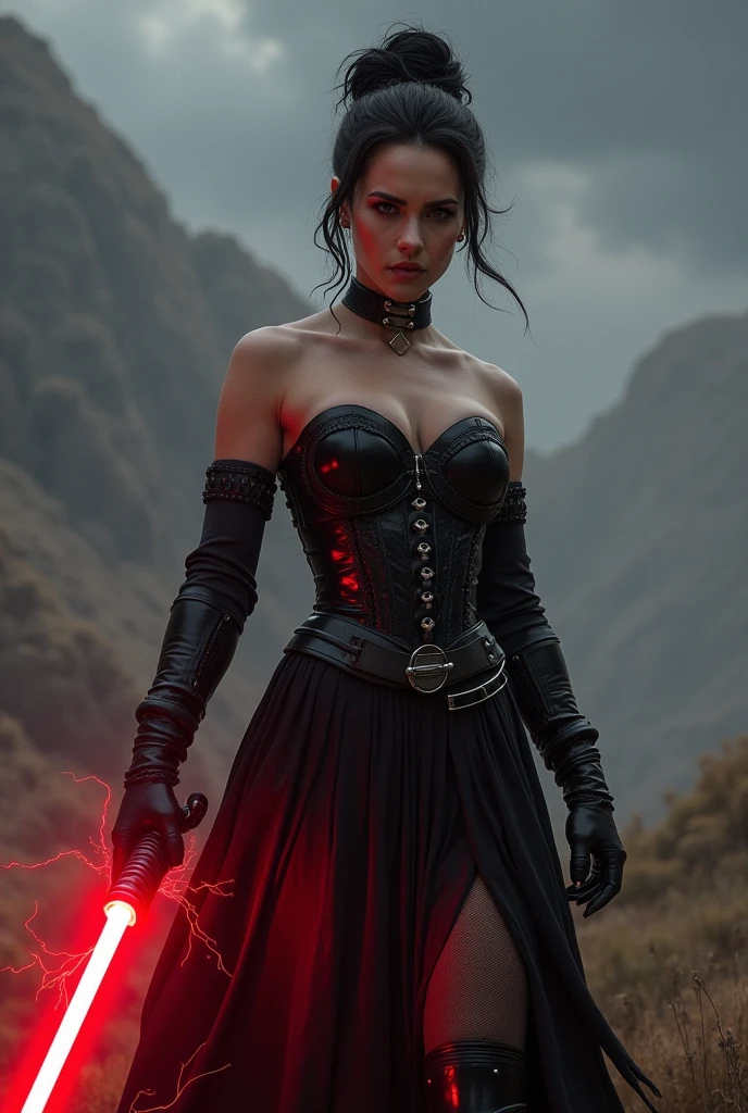 (photoralism:1.2), Very detailed, Ultra-high resolution, High Contrast, masterpiece, realistic, Hell stormy scene, pretty woman, golden eyes, black hair, frightening black dress with armor, witch, red magic from her hands, ashen skin, claws, evil, commanding, sinister expression, streaks on eyes, frightening necklace
