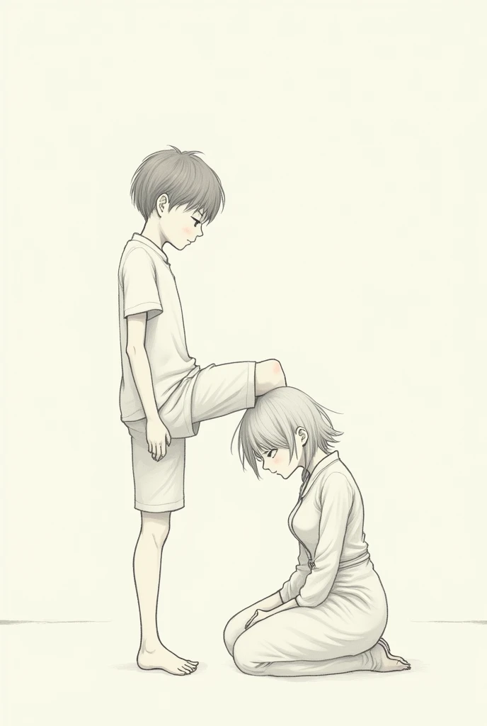 Generates an image of a girl with short hair and a yellow polo shirt with very short shorts and she bends down and a boy looks at her from behind