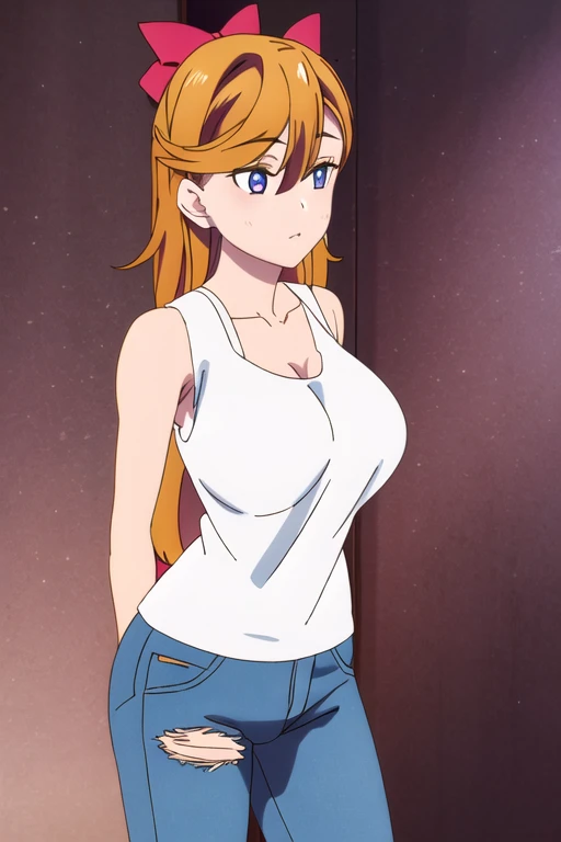 masterpiece、Highest quality、High resolution、1girl、Aino Minako as a mature female、Anime Girls、solo、Long Hair、blonde girl、Blue Eyed Girl、red head bow、Girl in white tank top、tank top with an white、jeans、Big Breasts、Girls with very large breasts、Female focus、Cowboy Shot、Skin tight tank top、Are standing、white tank top and jeans only、(sexy body:1.3)、(1990s \(style\):0.9)、