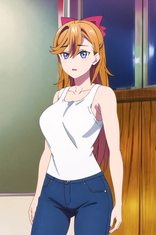 masterpiece、Highest quality、High resolution、1girl、Aino Minako as a mature female、Anime Girls、solo、Long Hair、blonde girl、Blue Eyed Girl、red head bow、Girl in white tank top、tank top with an white、jeans、Big Breasts、Girls with very large breasts、Female focus、Cowboy Shot、Skin tight tank top、Are standing、white tank top and jeans only、(sexy body:1.3)、(1990s \(style\):0.9)、