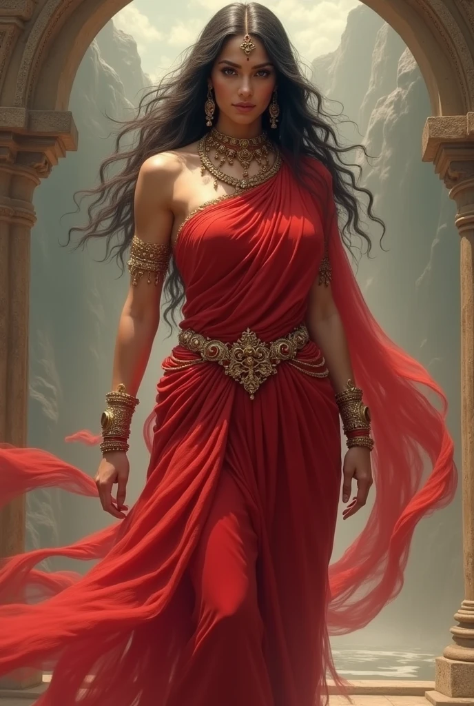 Goddess Sita,fiery saree dress,ancient look,fiery background,ancient royal palace background