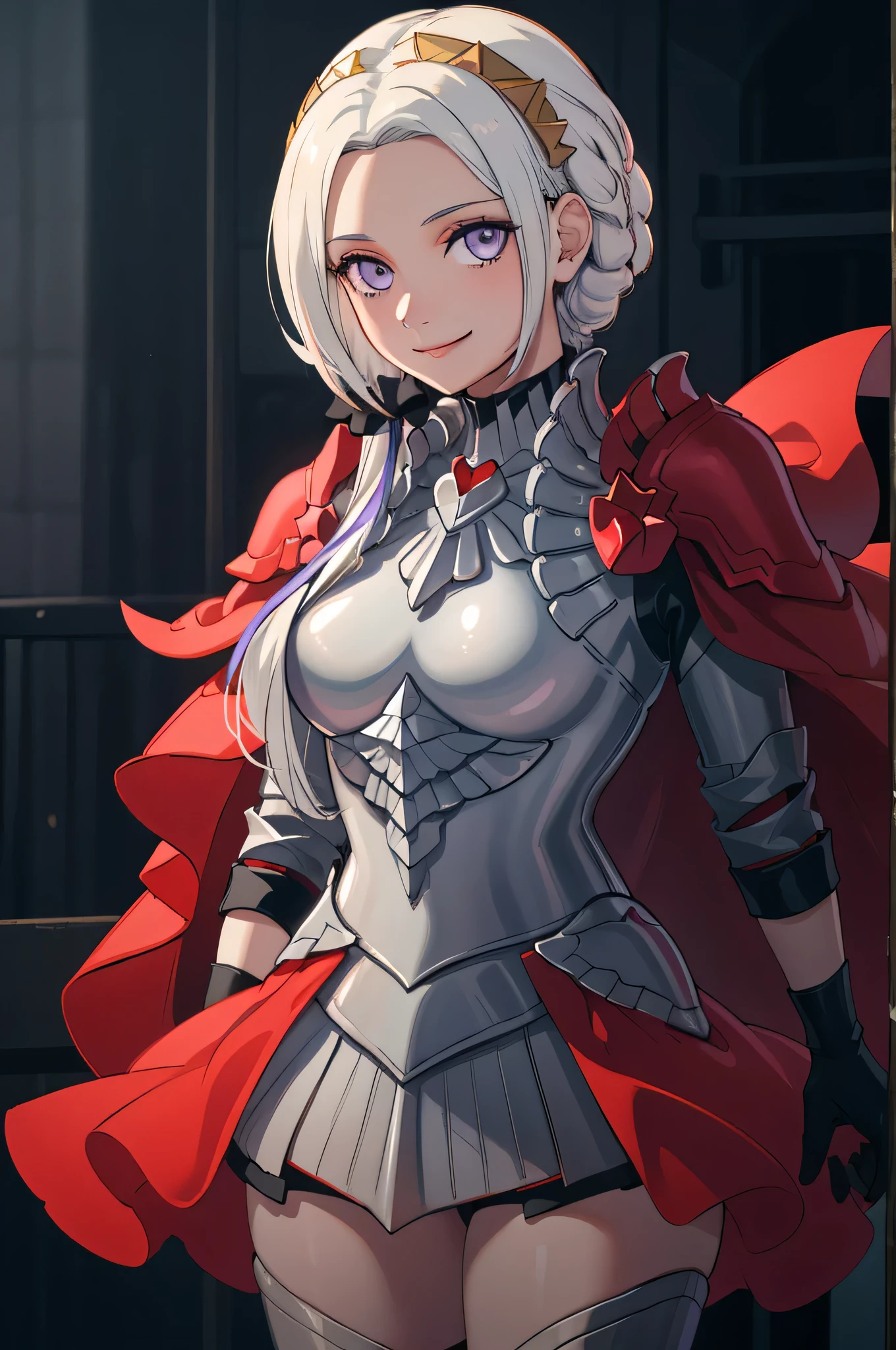 (masterpiece:1.2), best quality, high resolution, unity 8k wallpaper, (illustration), extremely detailed face, perfect lighting, extremely detailed CG, 1girl, solo, purple eyes, white hair, long hair, hair ornament, ribbon, red cape, black gloves, armor, standing, cowboy shot, looking at viewer, simple background, smile, closed mouth