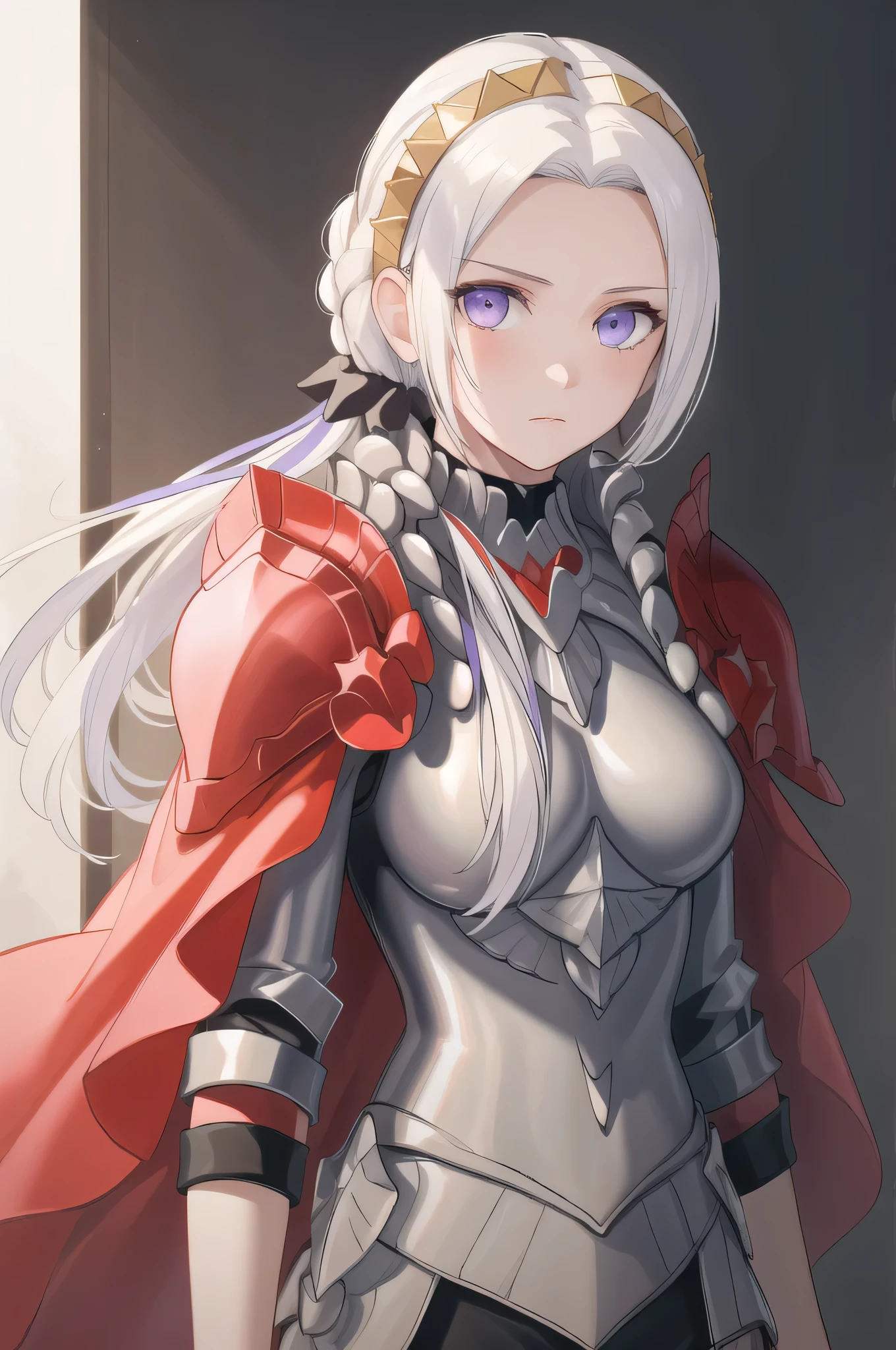 (masterpiece:1.2), best quality, high resolution, unity 8k wallpaper, (illustration), extremely detailed face, perfect lighting, extremely detailed CG, 1girl, solo, purple eyes, white hair, long hair, hair ornament, ribbon, red cape, armor, standing, upper body, looking at viewer, expressionless, simple background, frontal view