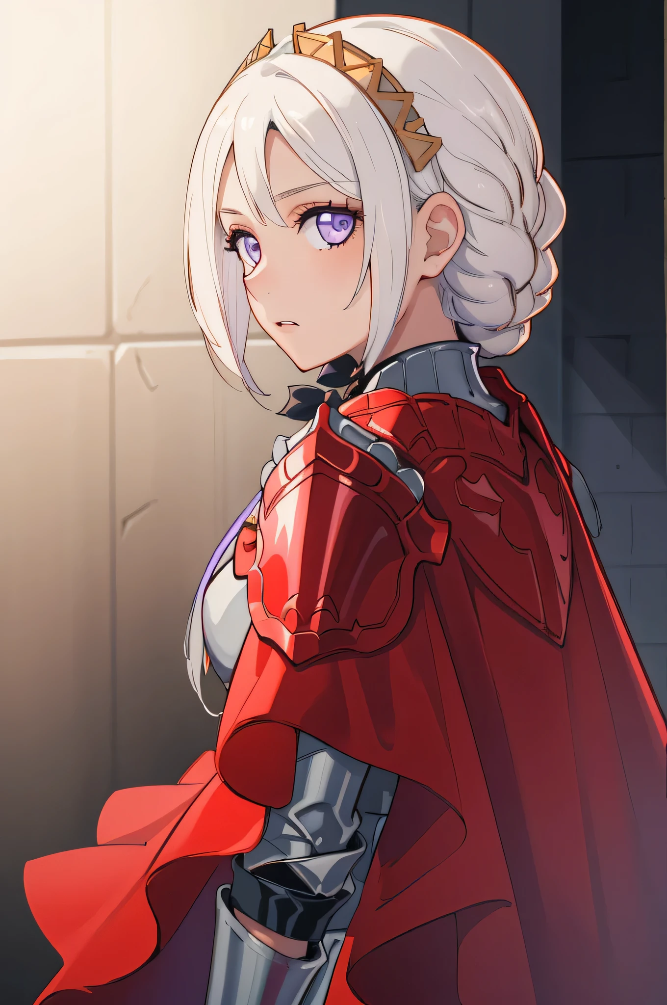 (masterpiece:1.2), best quality, high resolution, unity 8k wallpaper, (illustration), extremely detailed face, perfect lighting, extremely detailed CG, 1girl, solo, purple eyes, white hair, long hair, hair ornament, ribbon, red cape, armor, standing, upper body, looking at viewer, expressionless, simple background, frontal view