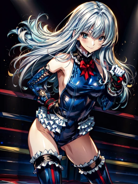 finest masterpiece, Super detailed, Highest quality, Sharp focus, 12k, ultra hi resolution picture, big ,12k,Perfect Anatomy, Highest quality, Marie Rose,Wicked Smile,Provocative attitude
,,Wicked Smile,Anime Style,(frilled swimsuit, thighhighs, detached sleeves), (Anime Style:1.4) ,
,(White fingers:1.1,Black gloves),
Hollow Eyes,,One Girl、(Inside the underground arena:1.4),,(Very long hair:1.6),(whole body:1.3),
