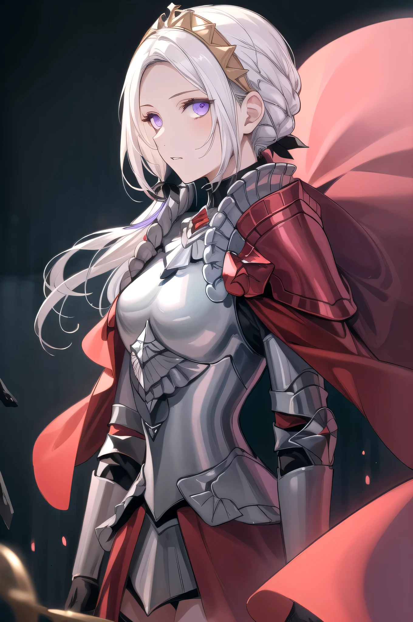 (masterpiece:1.2), best quality, high resolution, unity 8k wallpaper, (illustration), extremely detailed face, perfect lighting, extremely detailed CG, 1girl, solo, purple eyes, white hair, long hair, hair ornament, ribbon, red cape, armor, standing, upper body, looking at viewer, expressionless, simple background, frontal view