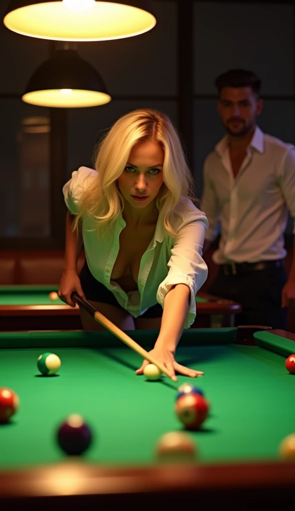 score_9, score_8, score_7_up, A sexy female cyborg playing billiards, bending over seductively to sink the ball, as horny butches watch hungrily, dimly lit by diffused cigar smoke, the air thick with alcohol and masculinity, the men undressing her with their eyes, desperately wanting to take her right there on the table in a perverse way