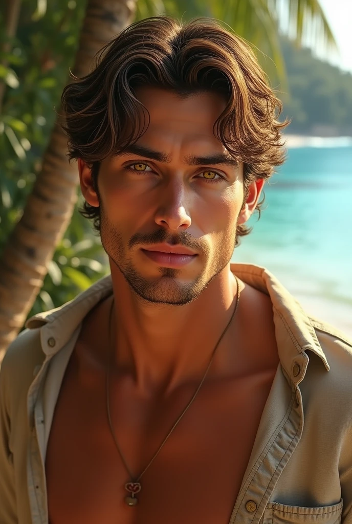 masterpiece, Best quality, A high resolution, close-up portrait, male focus, Focus only, man, 40 years, with sailor's clothes, light bleached hair, sloppy hairstyle, cute and seductive face, bare chest, Body hair, facial hair, Roman nose, Very thin body, hairy legs, Dimples, slight unshaven face, bold jawline , in the background there is a boat and the sunset sky,  stunning composition, Foreground, HDR, ultra quality, elegant, very detailed, young Alain Delon