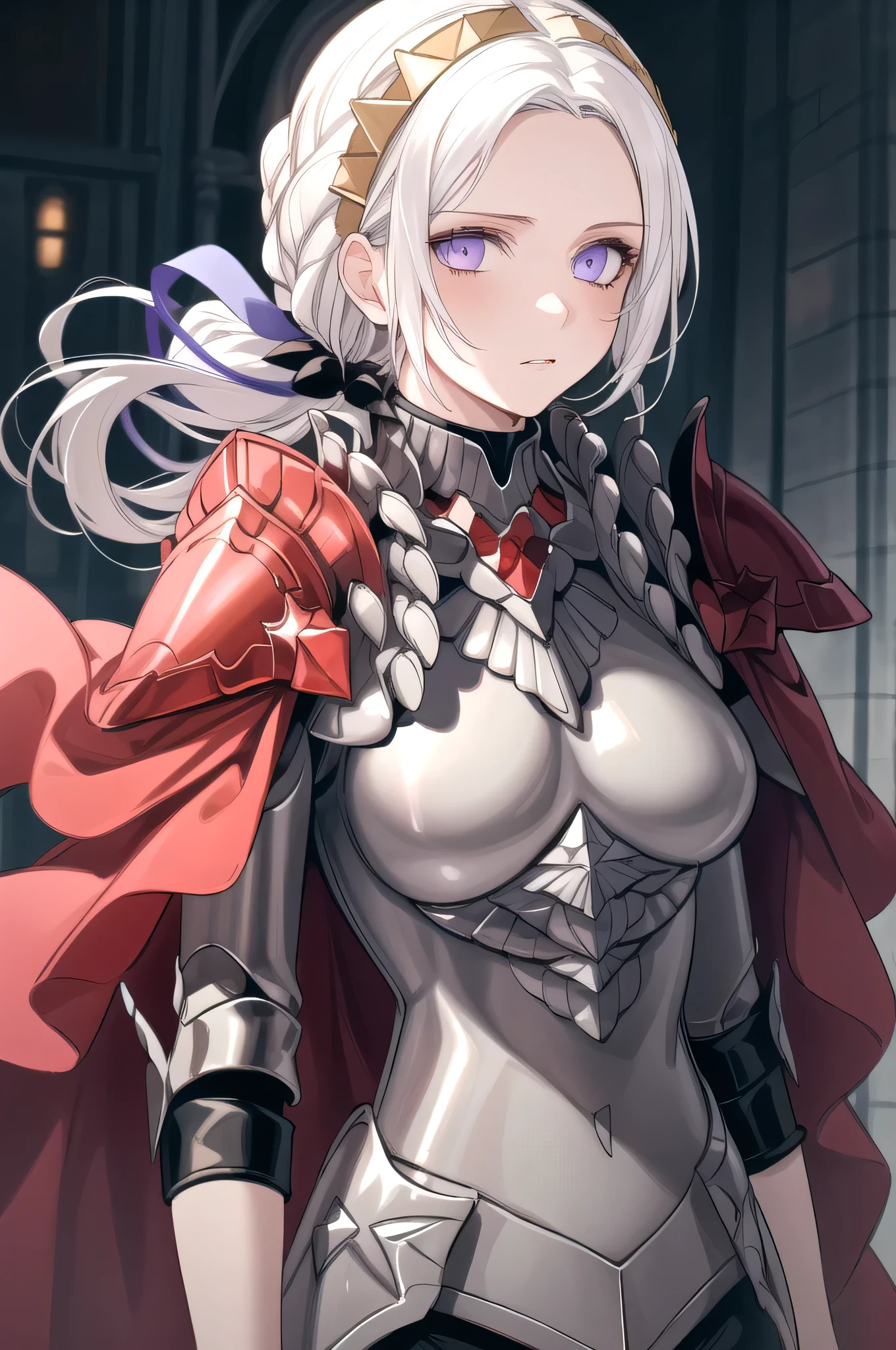 (masterpiece:1.2), best quality, high resolution, unity 8k wallpaper, (illustration), extremely detailed face, perfect lighting, extremely detailed CG, 1girl, solo, purple eyes, white hair, long hair, hair ornament, ribbon, red cape, armor, standing, upper body, looking at viewer, expressionless, simple background, frontal view