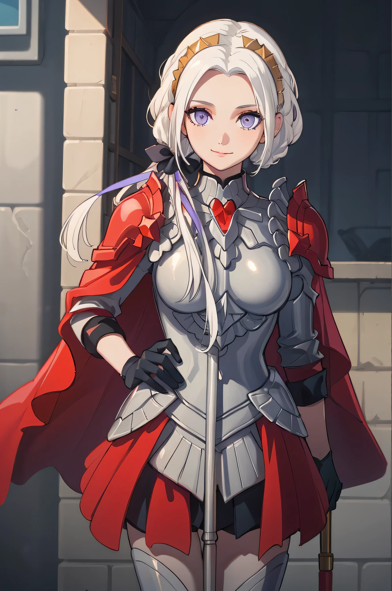 (masterpiece:1.2), best quality, high resolution, unity 8k wallpaper, (illustration), extremely detailed face, perfect lighting, extremely detailed CG, 1girl, solo, purple eyes, white hair, long hair, hair ornament, ribbon, red cape, black gloves, armor, standing, cowboy shot, looking at viewer, simple background, smile, closed mouth, holding a long metal pole, holding a long metal rod