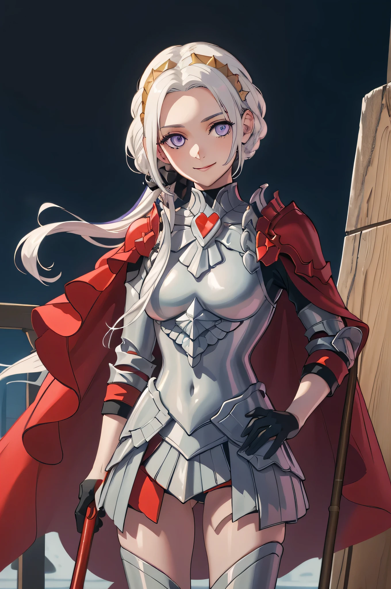 (masterpiece:1.2), best quality, high resolution, unity 8k wallpaper, (illustration), extremely detailed face, perfect lighting, extremely detailed CG, 1girl, solo, purple eyes, white hair, long hair, hair ornament, ribbon, red cape, black gloves, armor, standing, cowboy shot, looking at viewer, simple background, smile, closed mouth, holding a long metal pole, holding a long metal rod