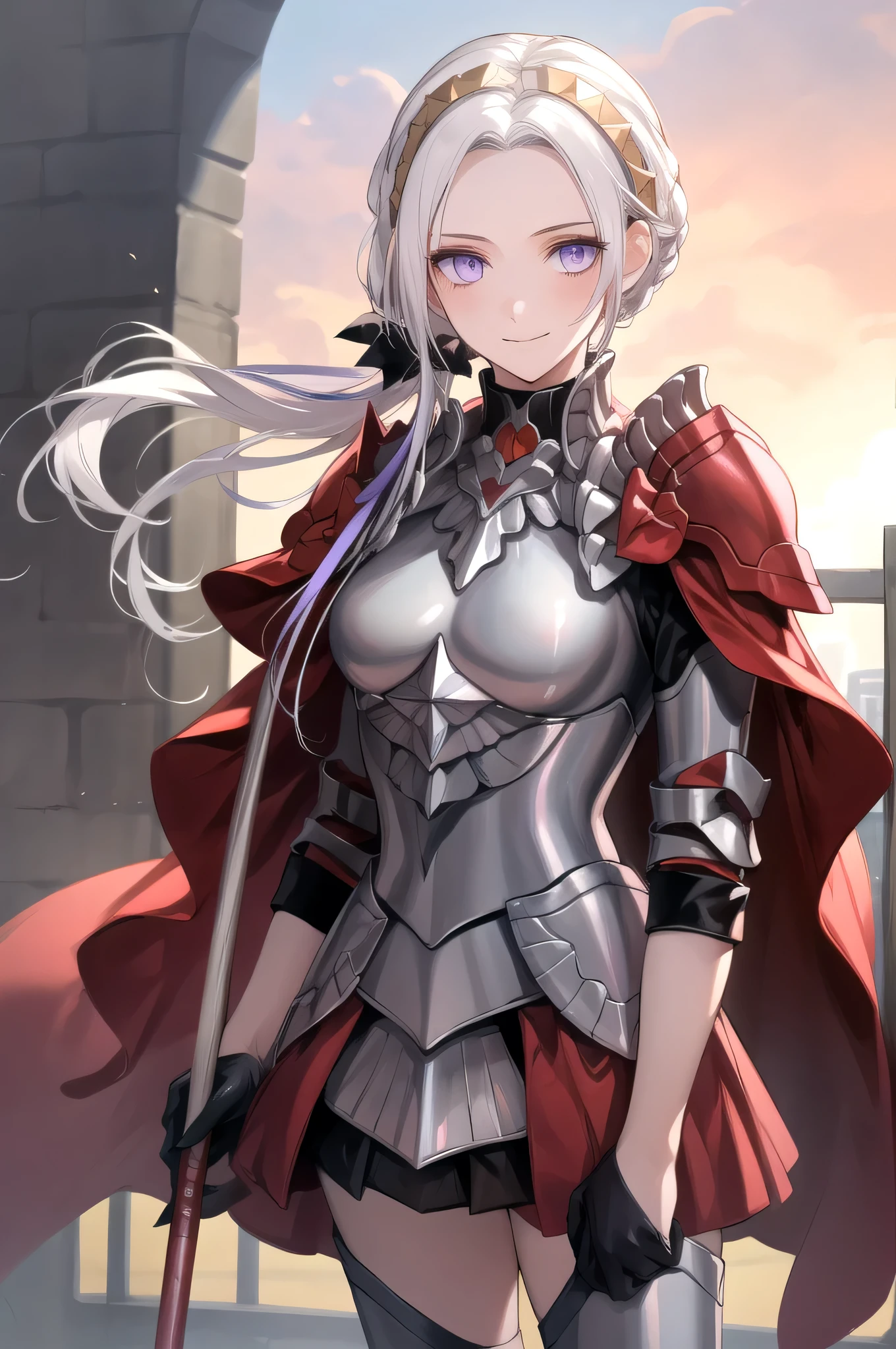 (masterpiece:1.2), best quality, high resolution, unity 8k wallpaper, (illustration), extremely detailed face, perfect lighting, extremely detailed CG, 1girl, solo, purple eyes, white hair, long hair, hair ornament, ribbon, red cape, black gloves, armor, standing, cowboy shot, looking at viewer, simple background, smile, closed mouth, holding a long metal pole, holding a long metal rod