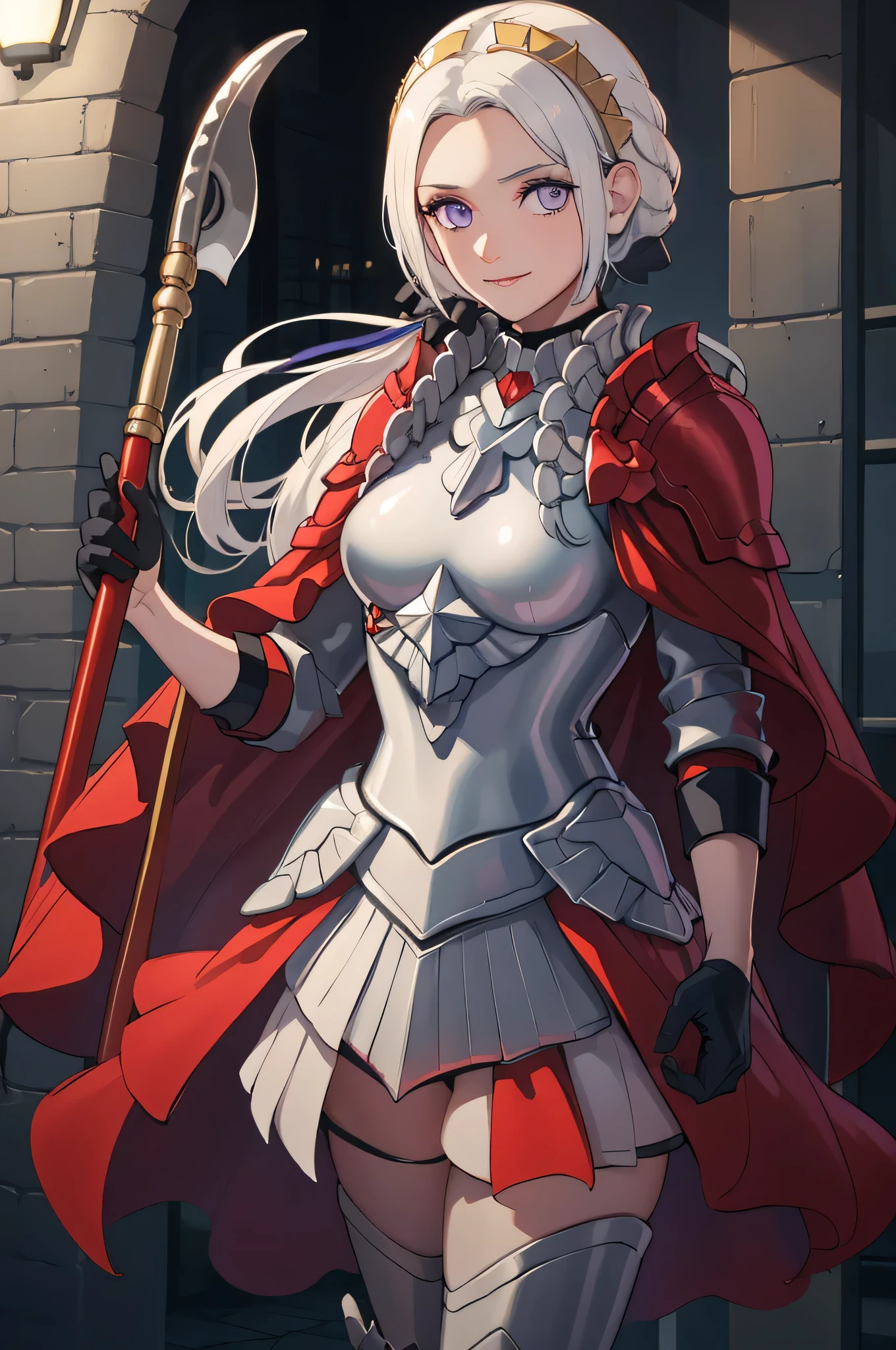 (masterpiece:1.2), best quality, high resolution, unity 8k wallpaper, (illustration), extremely detailed face, perfect lighting, extremely detailed CG, 1girl, solo, purple eyes, white hair, long hair, hair ornament, ribbon, red cape, black gloves, armor, standing, cowboy shot, looking at viewer, simple background, smile, closed mouth, holding a long metal axe, holding an axe