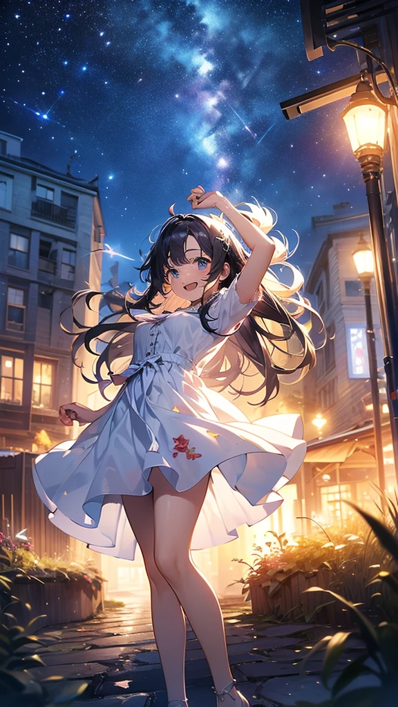 (8K、top-quality、masterpiece:1.2)、(realisitic、Photorealsitic:1.37)、ultra-detailliert、女の子 1 人、cute little、独奏、mid night、Beautiful detailed sky、Detailed Cafe、sitting on、date、(Nasal blush)、 (Smile:1.15)、(Keep your mouth shut)small tits、Beautiful fine eyes、Floating Hair NovaFrogStyle、Dress with open back、Blue Rose Accessories、Blue roses background、Pink dress