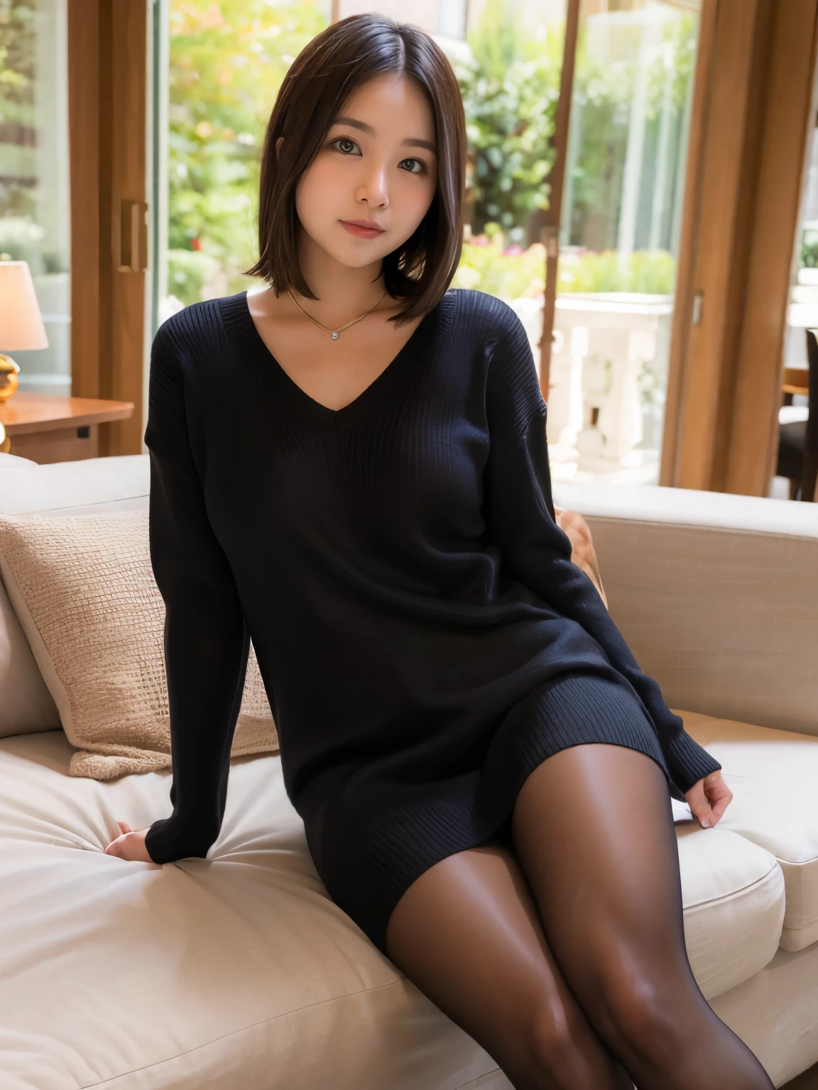 Araffe woman in black dress sitting on a couch in a living room - SeaArt AI