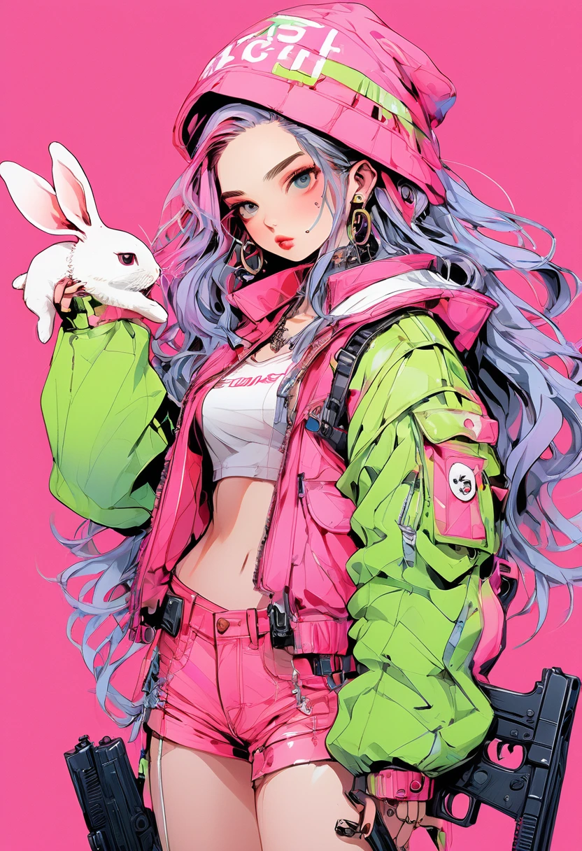 (full body:1.3), 1girl,Full Length (Best Quality: 0.8), (Best Quality: 0.8), Full Length Illustration, Perfect Illustration, Beautiful Portrait, One Rabbit Girl, Bangs, Black Nails, Beautiful Woman, [collarbone, ear, Piercing, Fashion G, Jacket, Accessories, Gaze, Medium Hair, Manicure, Rabbit Ear, Necklace, One Girl, Double Side Up, Pop Background, Drop Eye, Celebrity Hat Holding Gun, Pwk Gradient Hair Color, Fresh Season, Buzzer, Full Length, ((Illustrator)), Flat Color, Anime Style, Sketch, Space,. Space Clothing, 1girl, Shiny Lip, Jersey Wear, Order, Very Modern and Stylish Asymmetrical Hair, Purple ((Gradient)) Background, Neon Hair, Texture Crop, (Masterpiece, Top Quality), Portrait, , ((Dynamic Angle)). Close-Up Girl, Distracting Gaze, Rabbit Ears, Full Length), BREAK, (8K, High Definition CG Unit Quality Wallpaper, Masterpiece, High Resolution, Top Quality, Top Quality Real Texture Skin, Ultra Realistic, High Quality, RAW Photo, Top Quality,High Quality,Wallpaper,Cinematic Lighting,. ray tracing,golden ratio,3D game animation,cyberpunk beautiful girl sniper,pink and green hair,full body,holding rifle,all neon,fashion,machine gun in both hands,AI holding gun,AI, , cyberpunk game,high quality,art station,8K,bright Lighting,Very beautiful face,Combat Translated with DeepL. com (free version) (masterpiece, top quality), 32k, (very detailed beauty) 