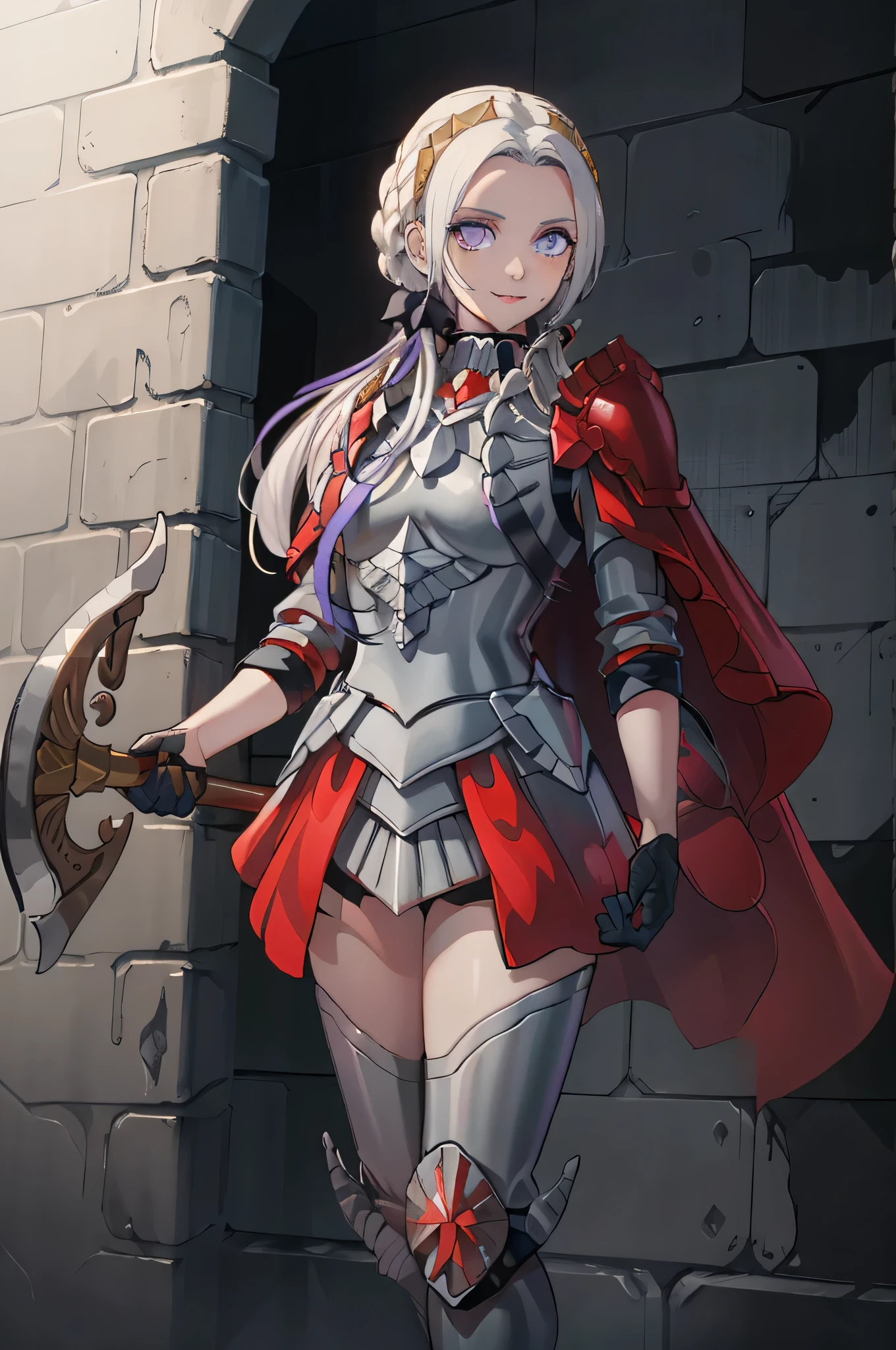 (masterpiece:1.2), best quality, high resolution, unity 8k wallpaper, (illustration), extremely detailed face, perfect lighting, extremely detailed CG, 1girl, solo, purple eyes, white hair, long hair, hair ornament, ribbon, red cape, black gloves, armor, standing, cowboy shot, looking at viewer, simple background, smile, closed mouth, holding axe, holding grip of axe