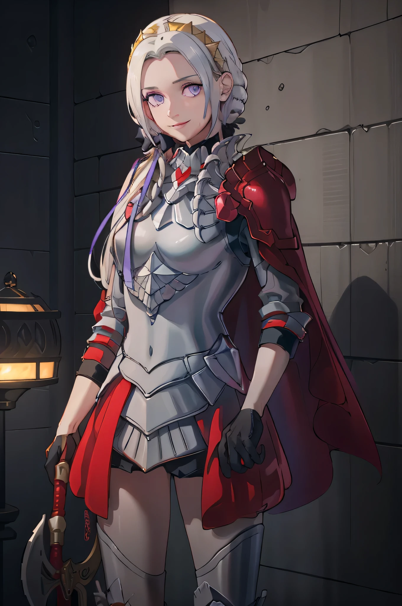 (masterpiece:1.2), best quality, high resolution, unity 8k wallpaper, (illustration), extremely detailed face, perfect lighting, extremely detailed CG, 1girl, solo, purple eyes, white hair, long hair, hair ornament, ribbon, red cape, black gloves, armor, standing, cowboy shot, looking at viewer, simple background, smile, closed mouth, holding axe, holding grip of axe